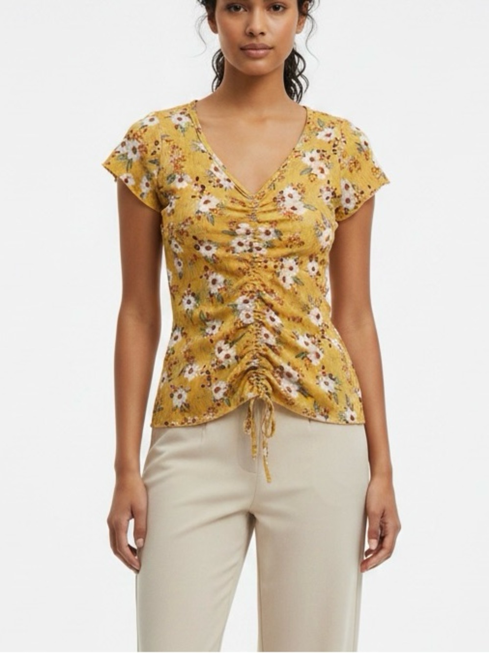 Mustard Floral Ruched V-Neck Short Sleeve Top